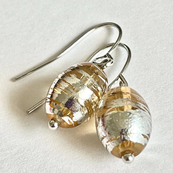 Peach Murano Art Glass Earrings Bead Hand Painted Oval Bead Silver Plated - Picture 5 of 8